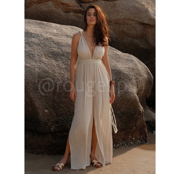 Beige Cream Viscose Greek Goddess Jumpsuit V-Neck Braided Straps Ties - Picture 3 of 14